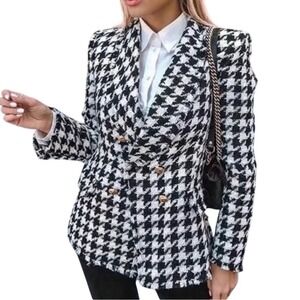Zara Houndstooth Tweed Blazer Size XL Black White Double Breasted Gold Buttons